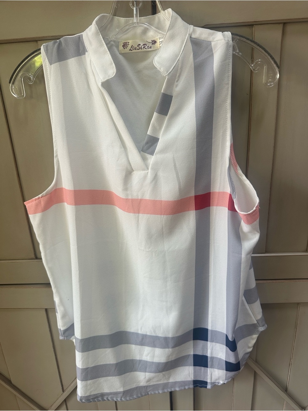 Lightweight White V-Neck Sleeveless Camisole with Pink & Gray Stripes